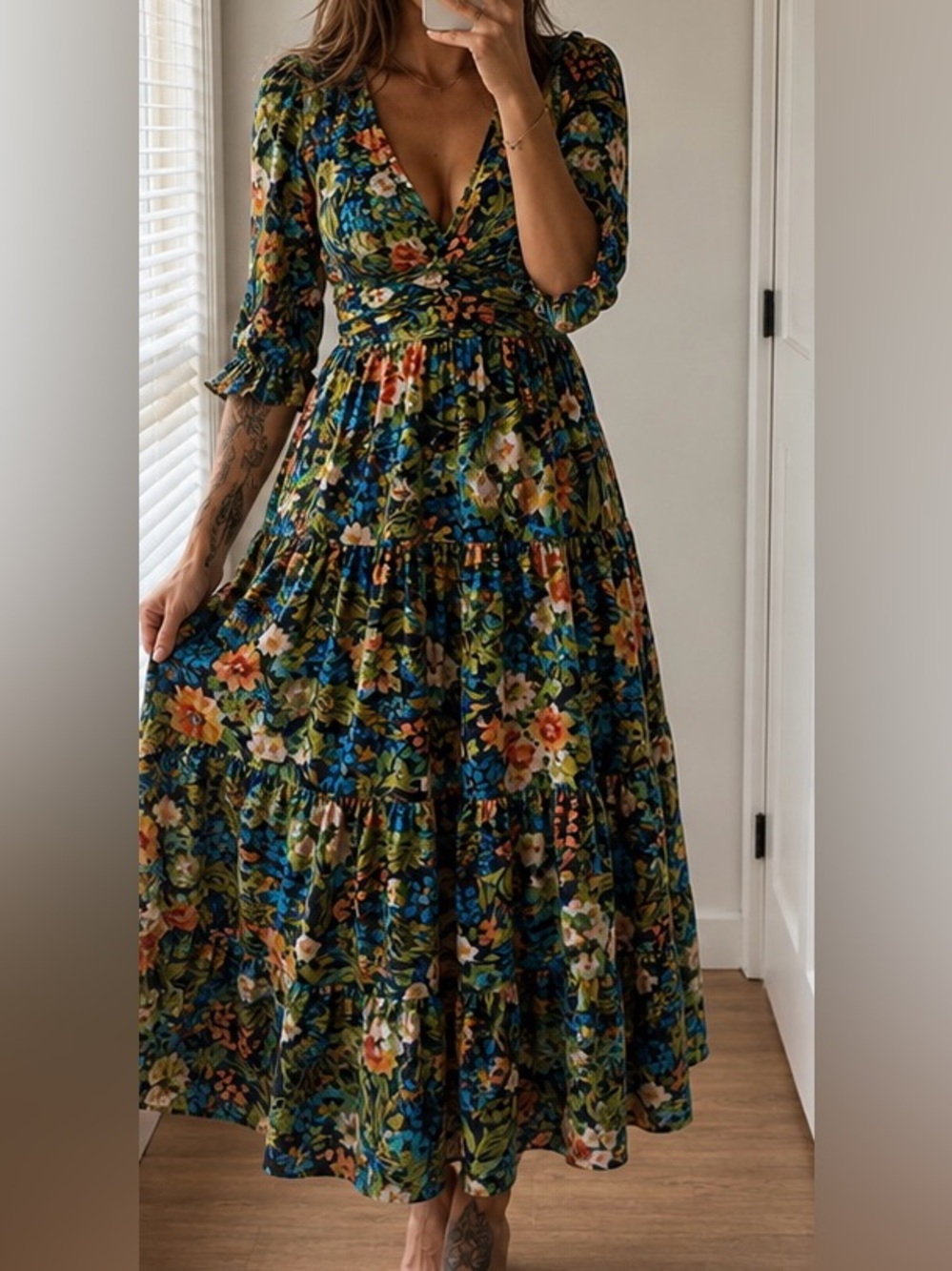 MELLODAY Floral Tiered Maxi Dress in Green and Blue